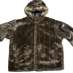 VTG PHAT FARM men's black faux fur nylon reversible heavy hooded jacket, 3XL.